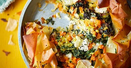 Open leek & sweet potato pie