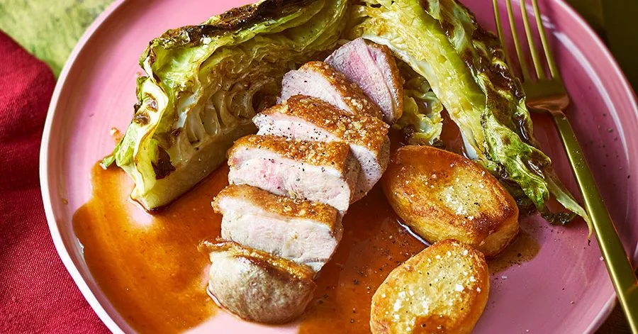Orange-glazed duck with duck-fat fondant potatoes