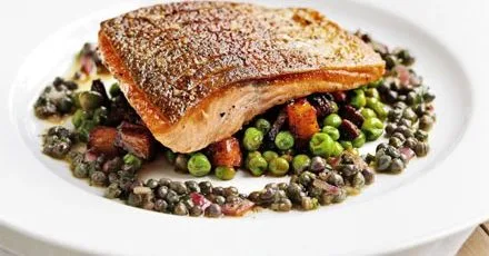 Pan-fried sea trout, peas & chorizo fricassée
