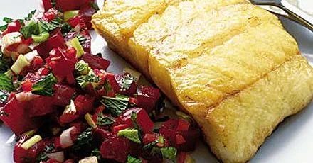 Panfried fish with fresh beetroot salsa