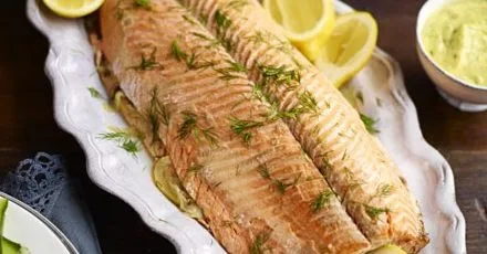 Parcel-poached salmon with herby mayonnaise