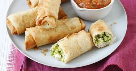Pea, feta & quinoa spring rolls with roast tomato nam prik