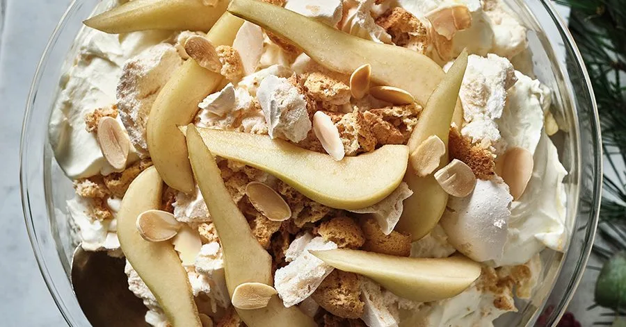 Pear & almond pavlova trifle