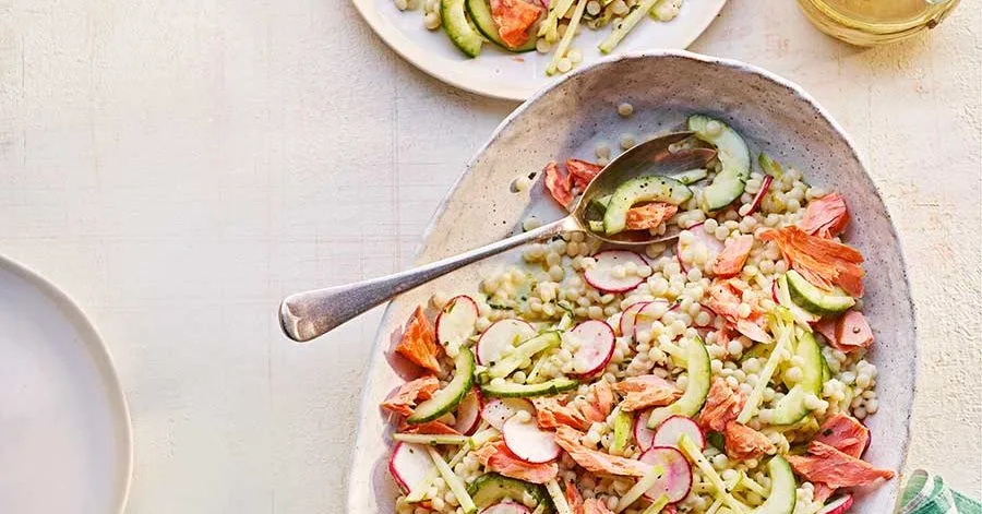 Pearl couscous salad with hot smoked trout & buttermilk dressing
