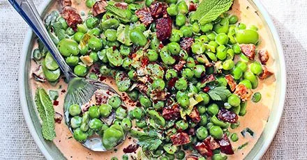 Peas & broad beans in cream with fennel seeds & chorizo