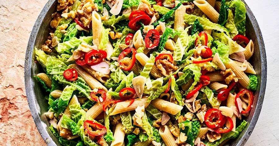 Penne with cabbage & walnuts