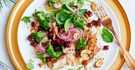 Peppered mackerel & pink pickled onion salad