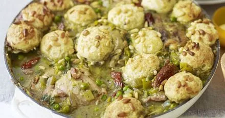Pesto chicken stew with cheesy dumplings