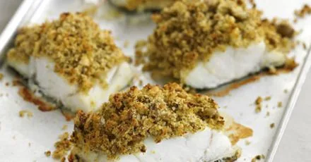 Pesto & olive-crusted fish