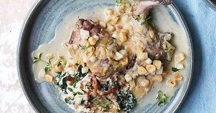 Pheasant braised with leeks, cider & apples