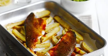 Piri-piri fish & chips with spicy peas