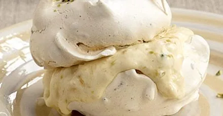 Pistachio meringues with mango & mandarin ice cream
