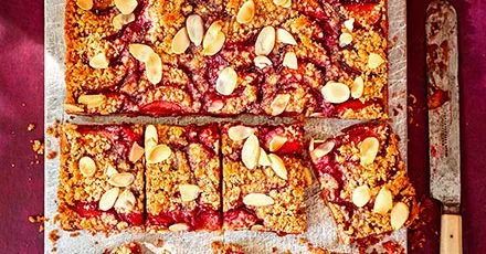 Plum, raspberry jam & cardamom crumble squares