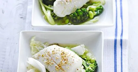 Poached fish with ginger & sesame broth
