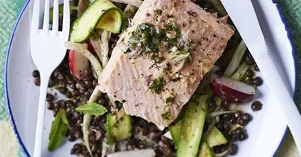 Poached salmon with courgette & lentil salad & lemon relish