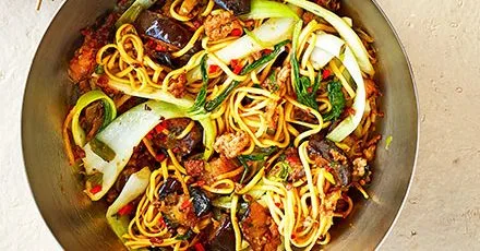 Pork & aubergine noodle stir-fry