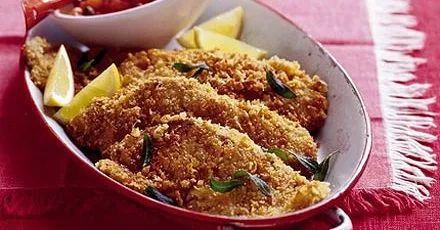 Pork schnitzel with tomato & caper sauce