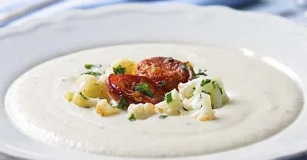 Potage Dubarry with crisp chorizo (Creamy cauliflower soup)