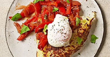 Potato röstis with peperonata & poached eggs