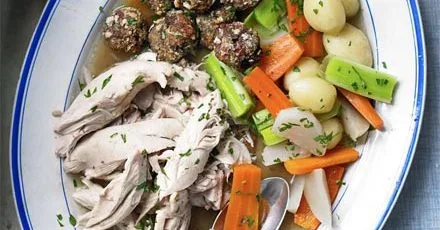 Poule au pot with stuffing balls & garlic cream