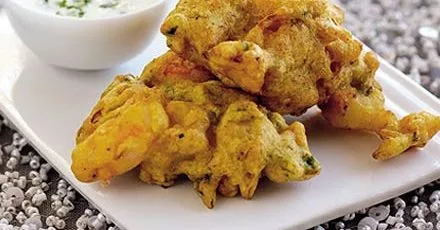 Prawn, mango & spring onion pakoras