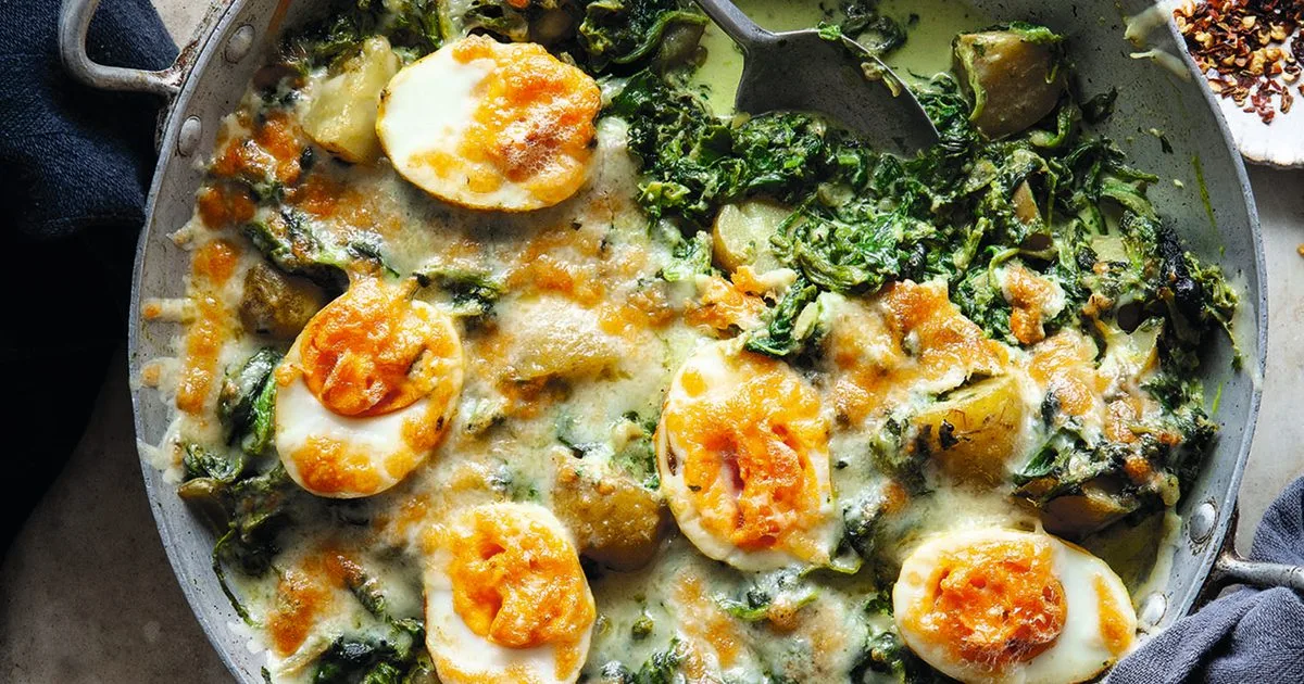 Pressure cooker spiced potato & spinach with eggs