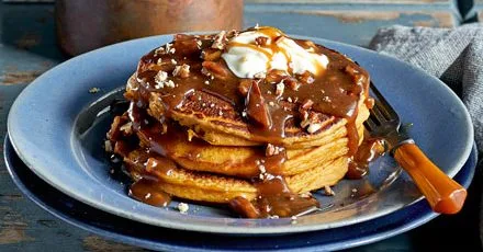 Pumpkin pancakes with salted pecan butterscotch