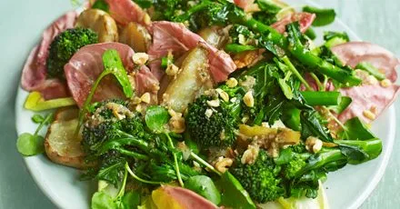 Purple sprouting broccoli with anchovy & hazelnut pesto