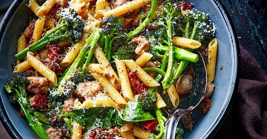 Purple sprouting broccoli & sausage pasta