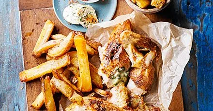 Quick roast chicken & homemade oven chips with kyiv butter