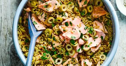 Quick salmon, preserved lemon & olive pilaf