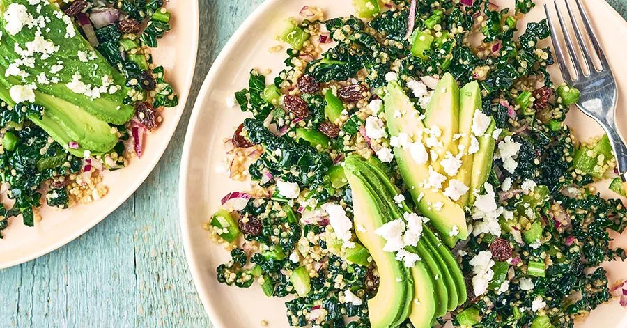 Quinoa salad with shredded greens & raisins