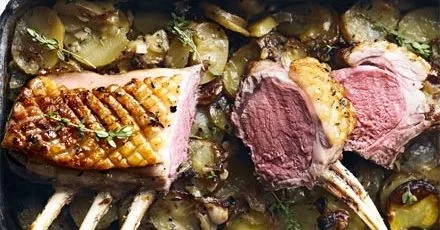 Rack of lamb with new potato, onion & thyme gratin