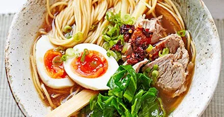 Ramen with chicken bone broth, pork shoulder, soft-boiled egg & greens