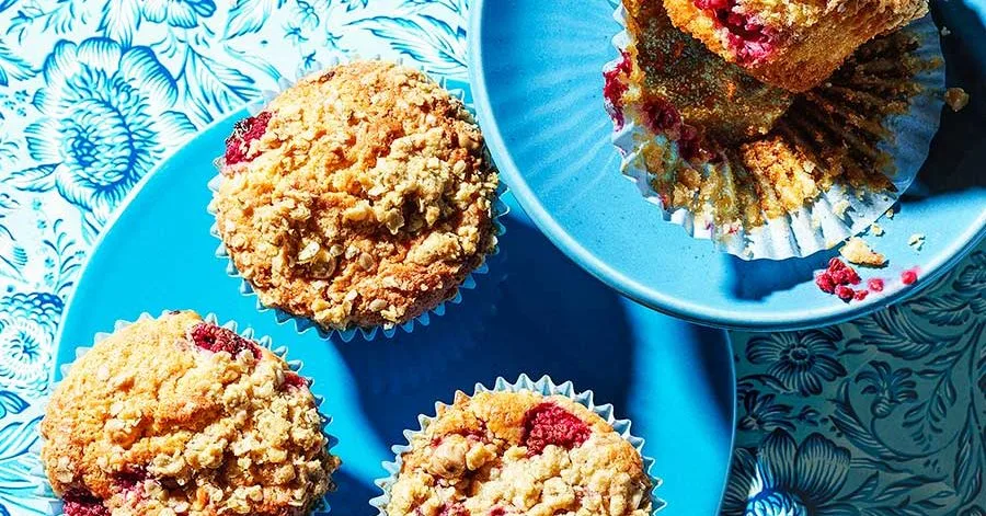 Raspberry & white chocolate crumble muffins