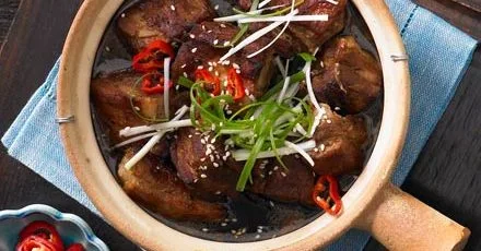 Red braised ginger pork belly with pickled chillies