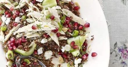 Red rice & chicken salad with pomegranate & feta