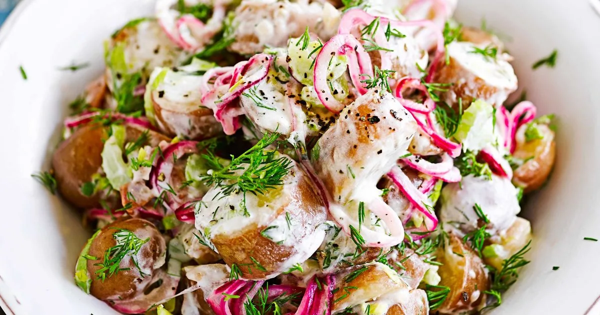 Red & white potato salad with pickled onions