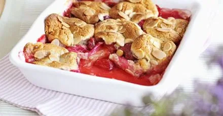 Rhubarb & strawberry cobbler with orange cream