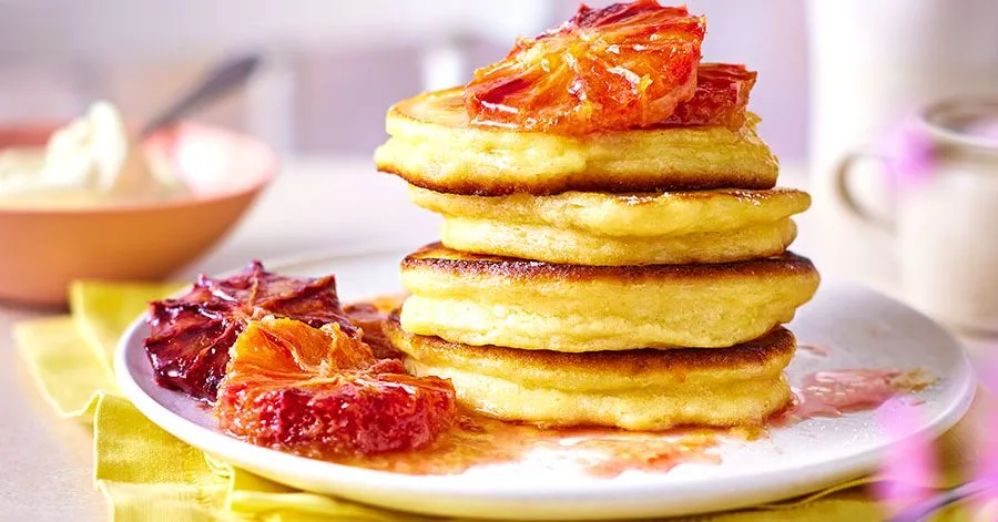 Ricotta hotcakes with vanilla-roasted blood orange