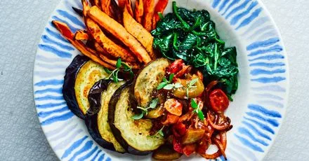 Roast aubergine with goulash sauce & sweet potato fries