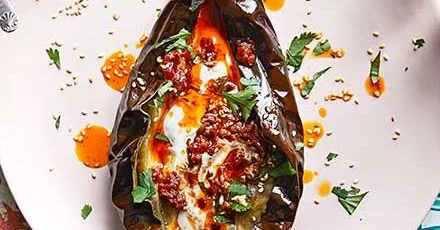 Roast aubergines with yogurt & harissa