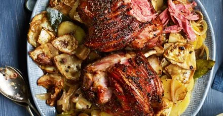 Roast Bavarian ham hocks with beer, caraway & juniper