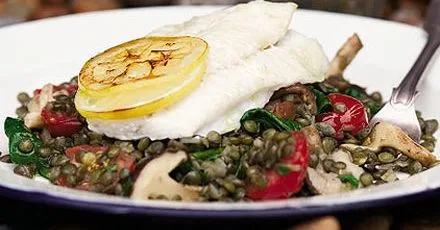 Roast brill with puy lentils & shiitake mushrooms