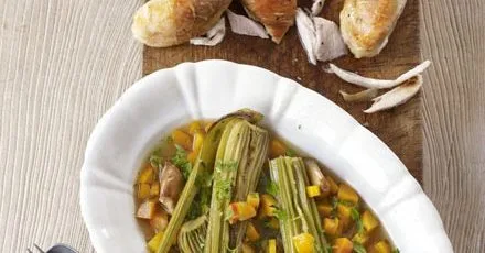 Roast chicken with braised celery hearts