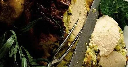 Roast chicken with leek, tarragon & goat's cheese stuffing