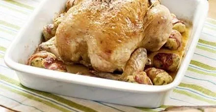 Roast chicken with pancetta & ricotta stuffing balls