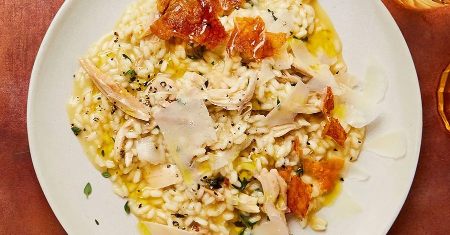 Roast chicken risotto with chicken crackling