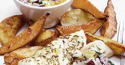 Roast fish & chips with orange raita