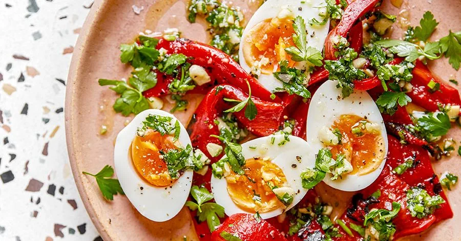 Roast peppers with eggs and parsley dressing